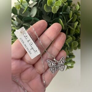 Brand New Cate D’ Argent sterling silver cubic zirconia butterfly necklace 17.5”